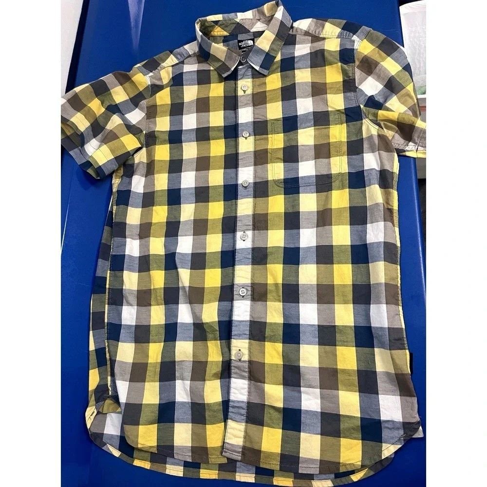 The North Face Plaid Button Front Shirt Mens Medium Yellow Blue Outdoor Hiking